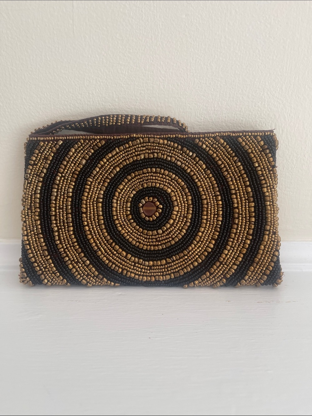 Hand-Beaded Circular Accent Clutch — Black & Gold Seed Beads